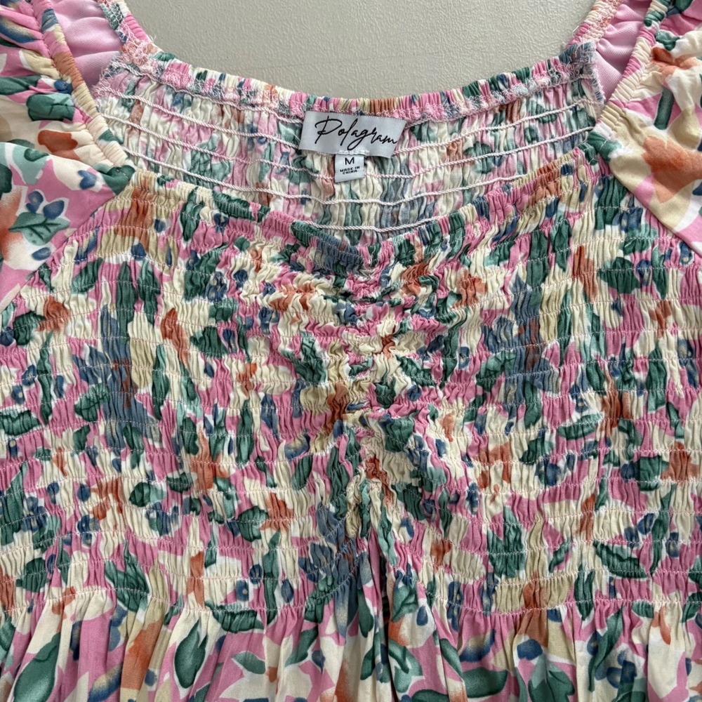 Polagram Floral Smocked Puff Sleeve Women's Top Pink Green Medium Summer - Picture 3 of 10